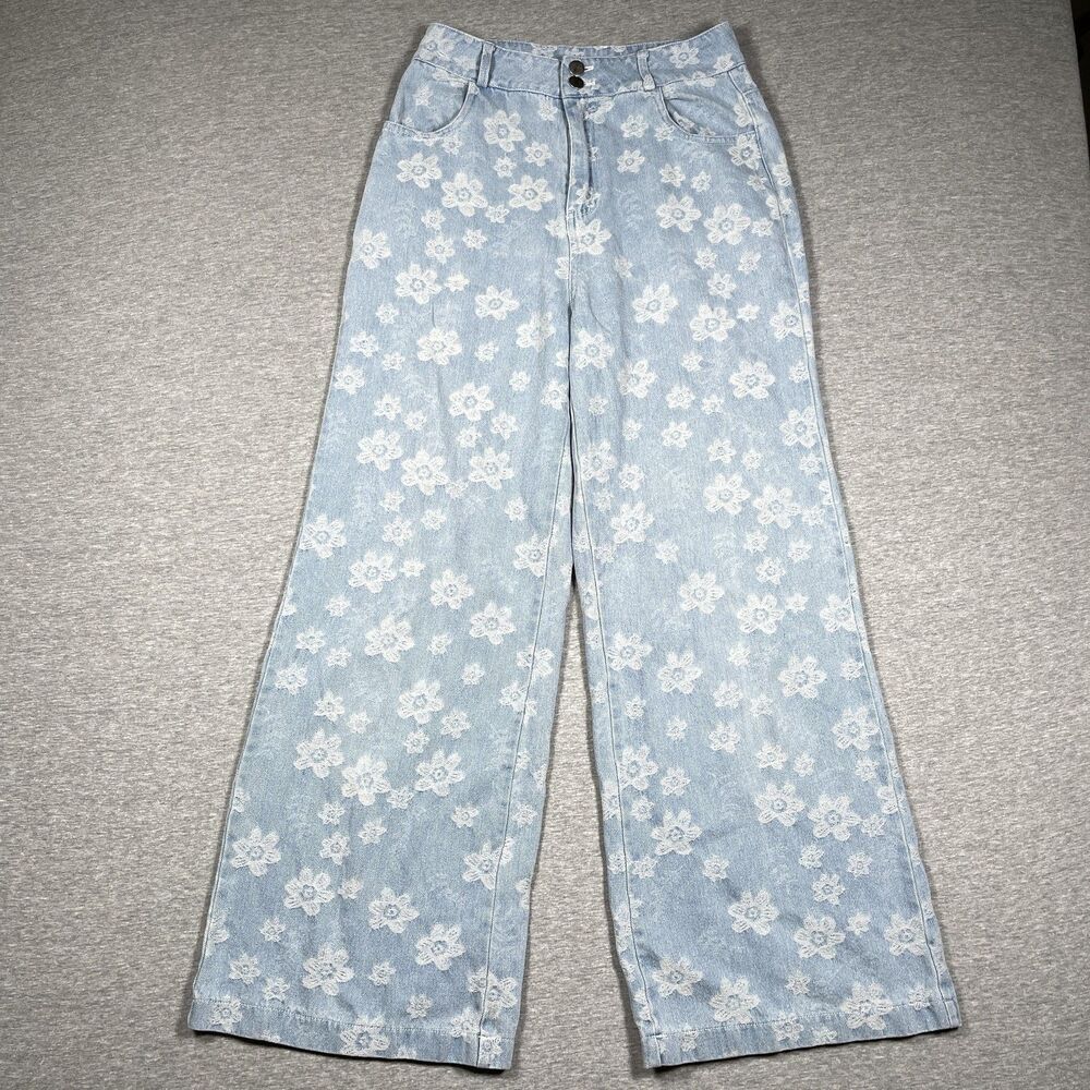 Lulus Pants Womens S Blue Floral Cropped Wide-Leg Denim Embroidered Pockets